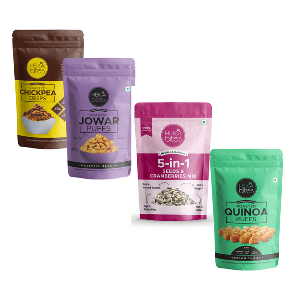 Heka Bites Healthy Snacks Box|5-in-1 seedsmix|Quinoa Puffs - Indian chaat, Jowar Puffs - Majestic Masala, Chickpea Crisps|Healthy Snacks|Superfoods