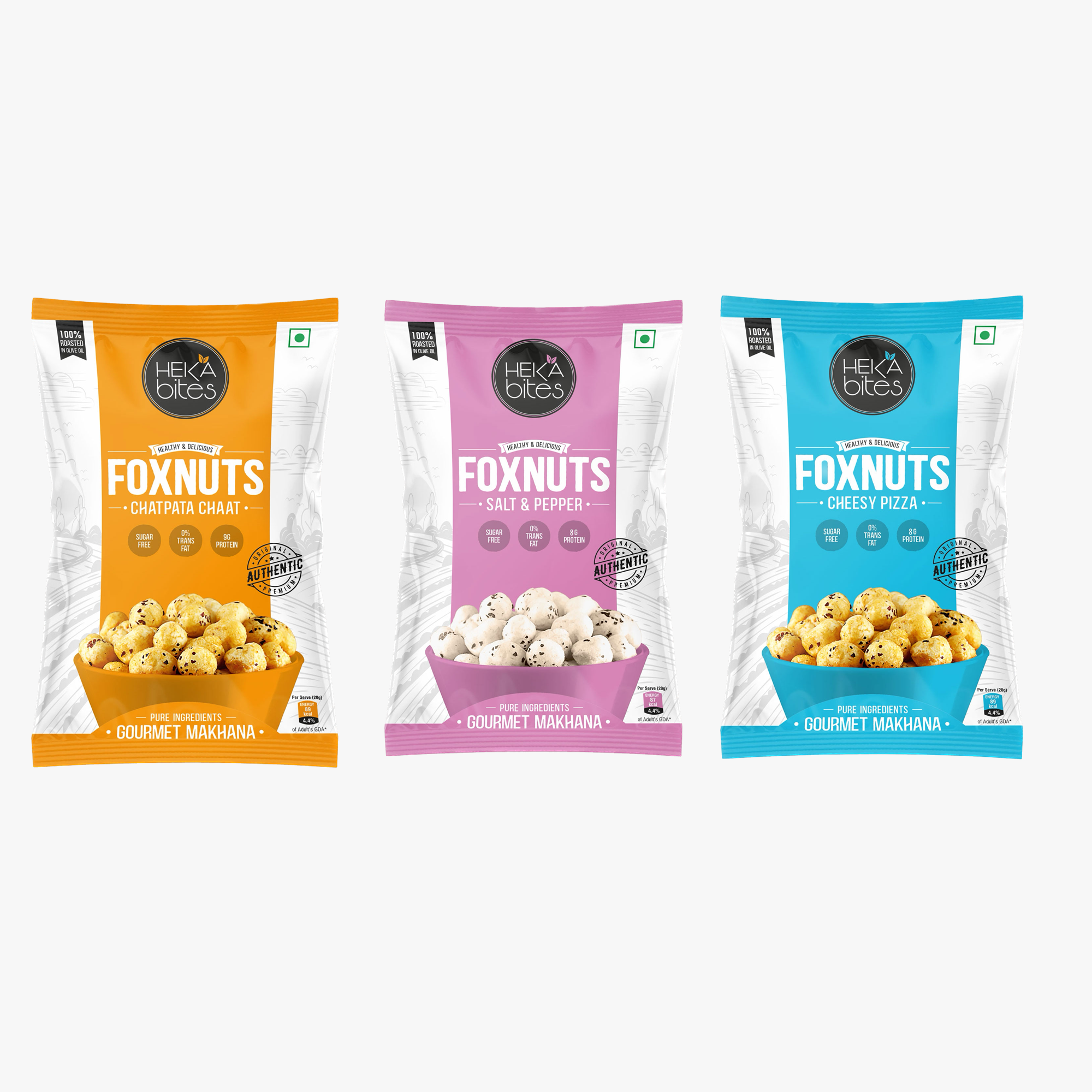Heka Bites Roasted Makhana (Pack of 3) - Salt & Pepper, Cheesy Pizza, Chatpata Chaat