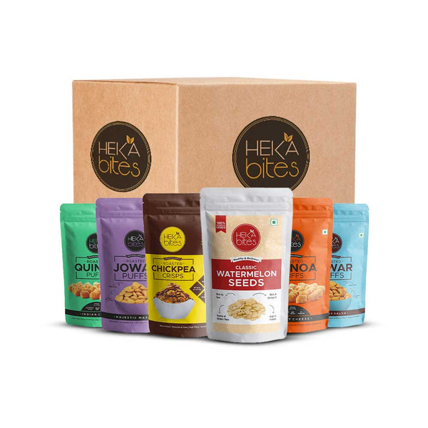 Heka Bites Birthday Snacks Box | 6 Healthy Snacks | Roasted |Gift of Health| 4 Puffs| Chickpea Crisps| Classic Watermelon Seeds