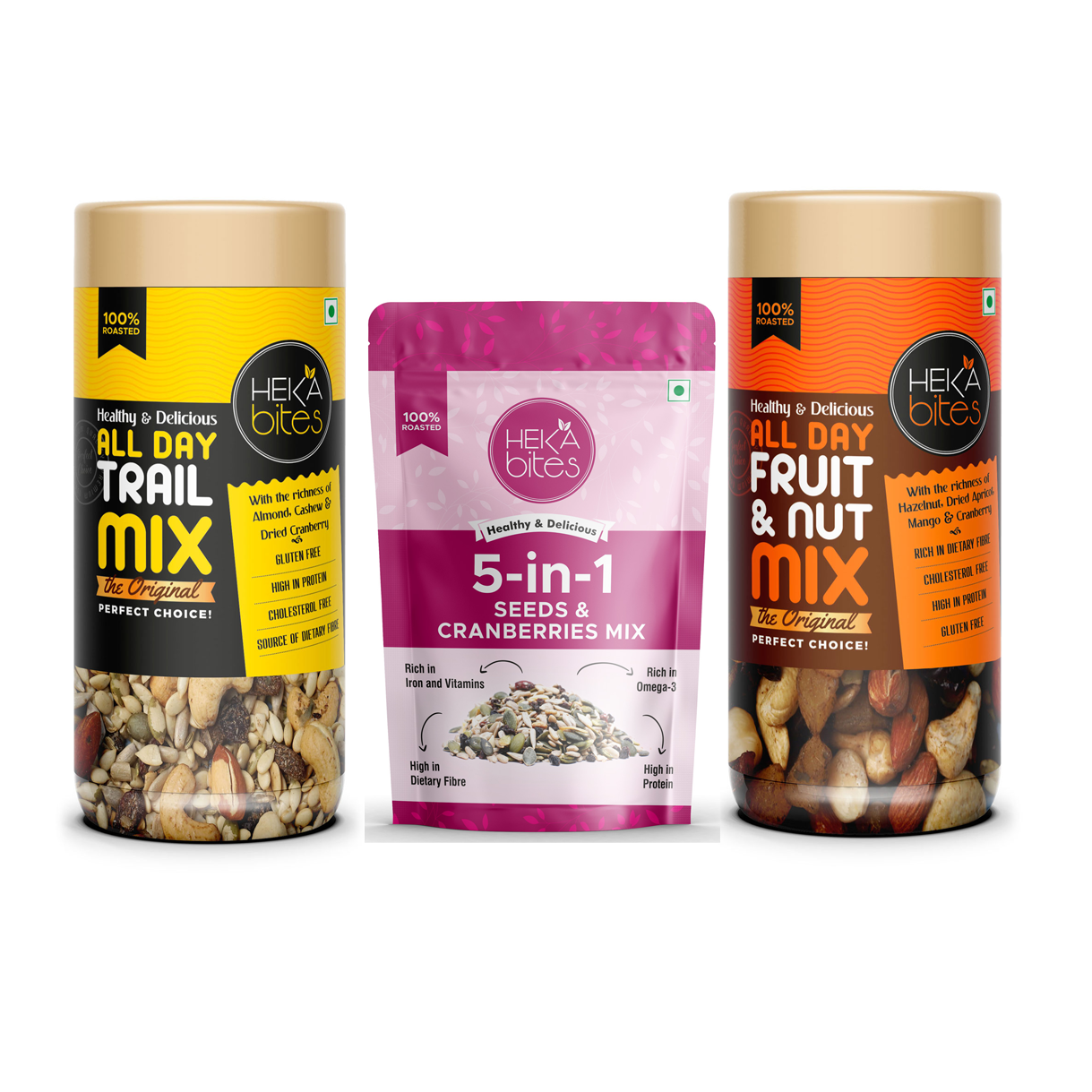 Heka Bites Superfood Seeds and Dry Fruits combo - All Day fruit N Nut Mix 150g , All Day Trail Mix 150g & 5 in 1 Super Seeds