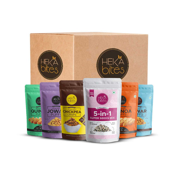Heka Bites Birthday Snacks Box | 6 Healthy Snacks | 4 Puffs| Chickpea Crisps| 5-in-1 superseeds mix with cranberries