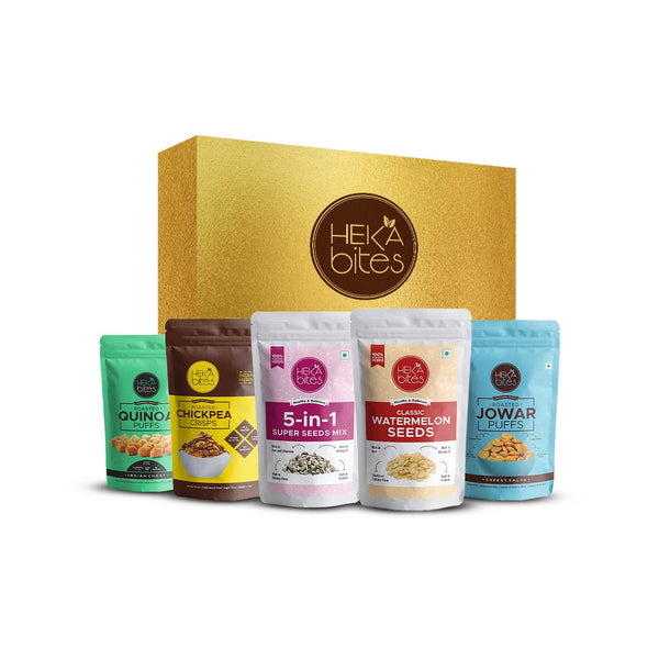 Heka Bites Healthy Delight | Corporate Gifts I Personal Gift Box I Healthy Snacks| Puffs | Chickpea Crisps| 5-in-1 seeds mix with cranberries