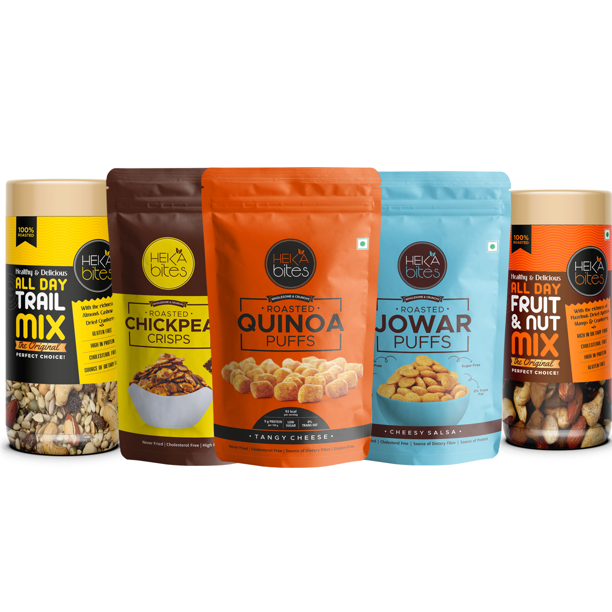 Heka Bites Tea Time Combo - All day Fruit N Nut Mix 150g, All Day Trail Mix 150g, Qunioa Puffs Tangy Cheese, Jower puffs Chessy Salsa & Chickpea Crisps