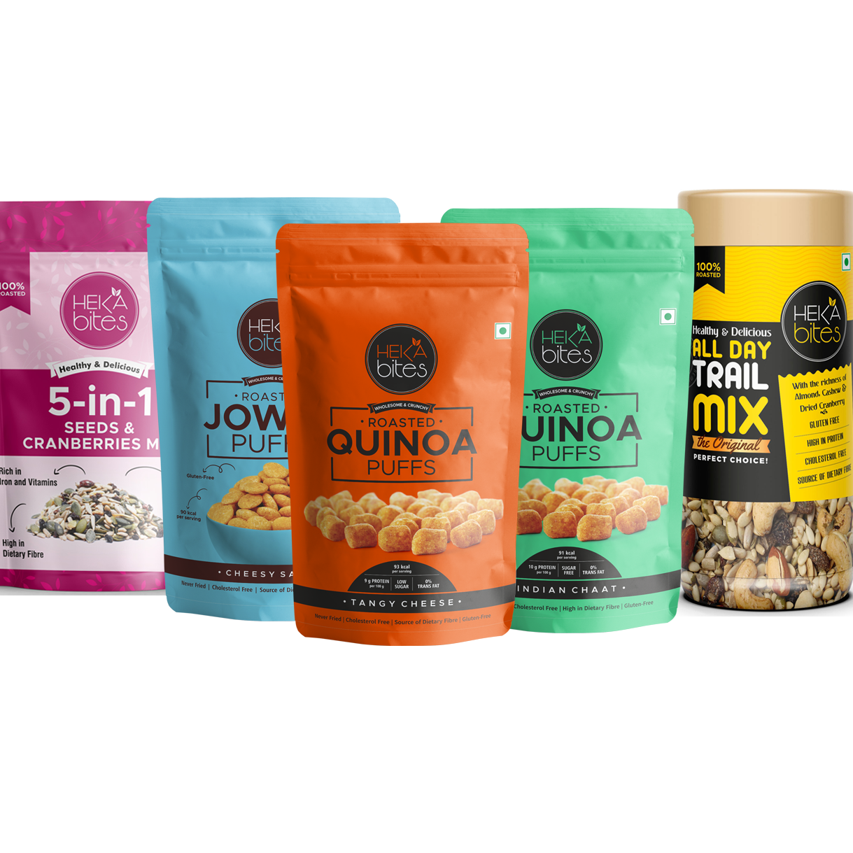 Heka Bites Healthy snacks box - 5 in 1 supper seed, Quinoa Puffs Tangy Cheese, Quinoa Puffs Indian Chat, Jower Puffs Cheesy Salsa & All Day Trail Mix 150g